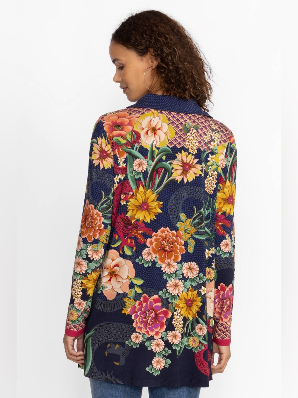 Johnny Was The Janie Favorite Long Sleeve Polo Swing Tunic in Blue Floral XXS - Picture 5 of 10